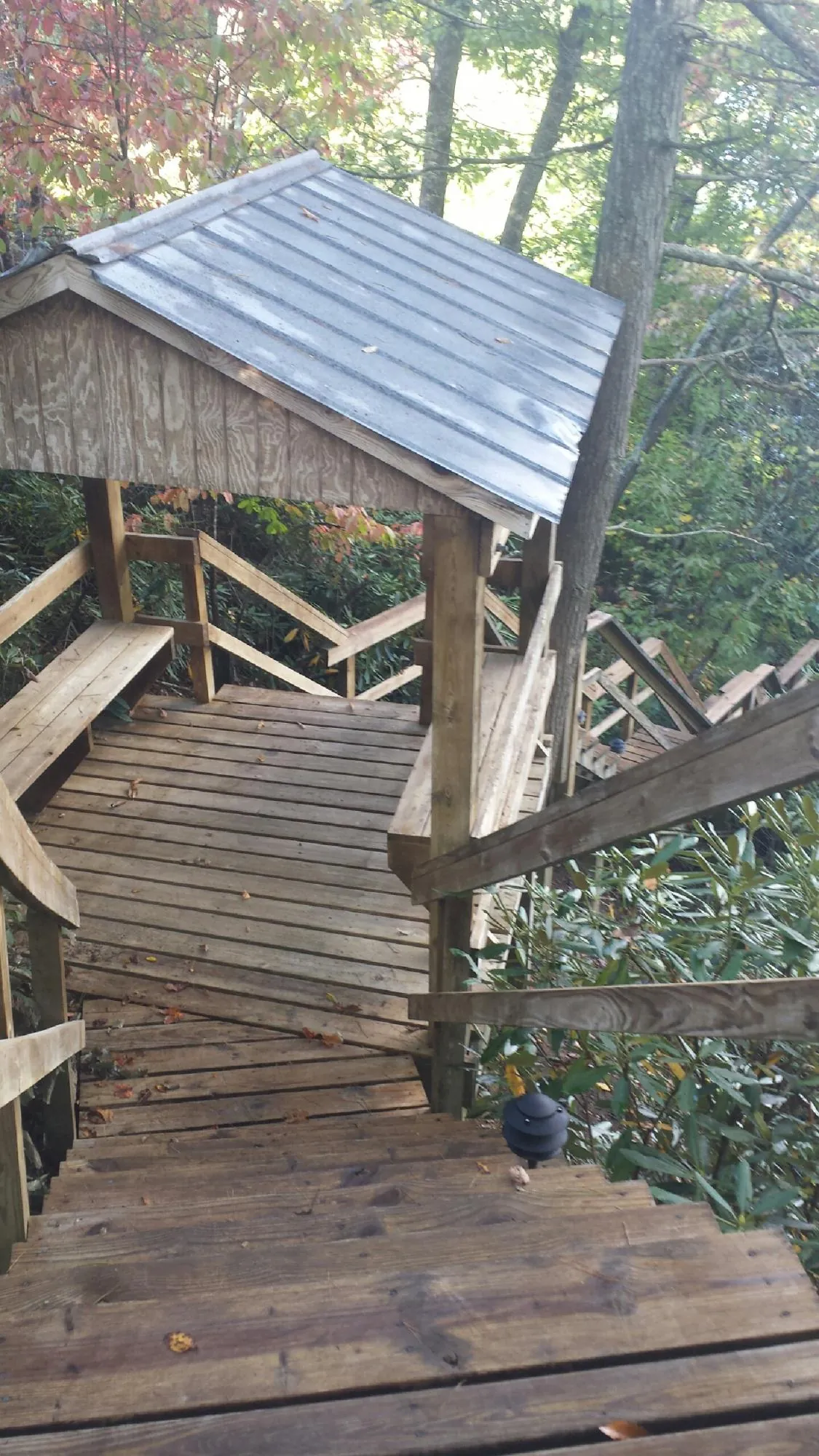 Metal roofed shelter over wooden steps on a wooded walkway — Skylight Repair & Installation work by our crew in Beccaria